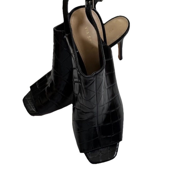 Via Spiga SZ 8 Terese Black Leather 4” Heels Crocodile Embossed Square Peep Toe - Picture 4 of 11